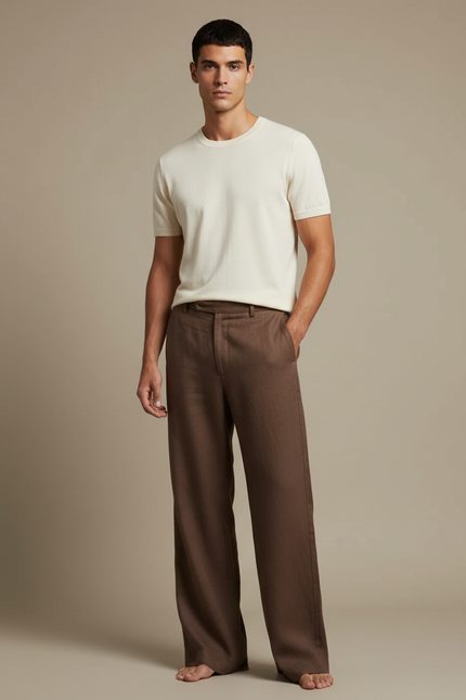 Pantalon Fluide Marron Lin Large Décontracté Homme