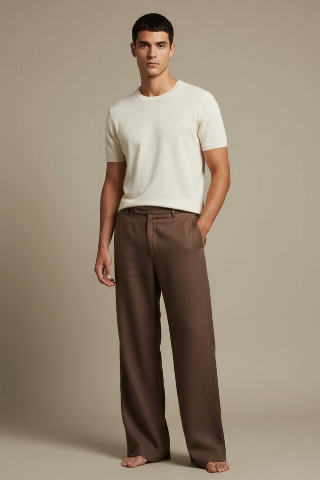 Pantalon Fluide Marron Lin Large Décontracté Homme