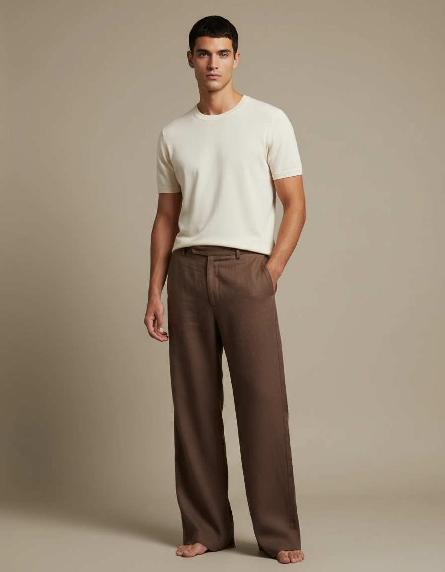 Pantalon Fluide Marron Lin Large Décontracté Homme