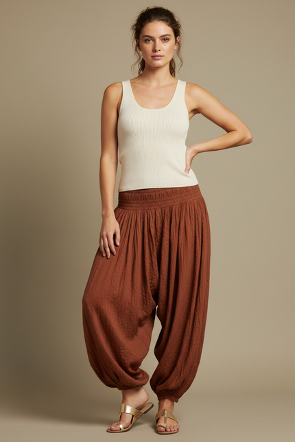 Pantalon Fluide Marron Ample Plissé Décontracté Femme - Lin