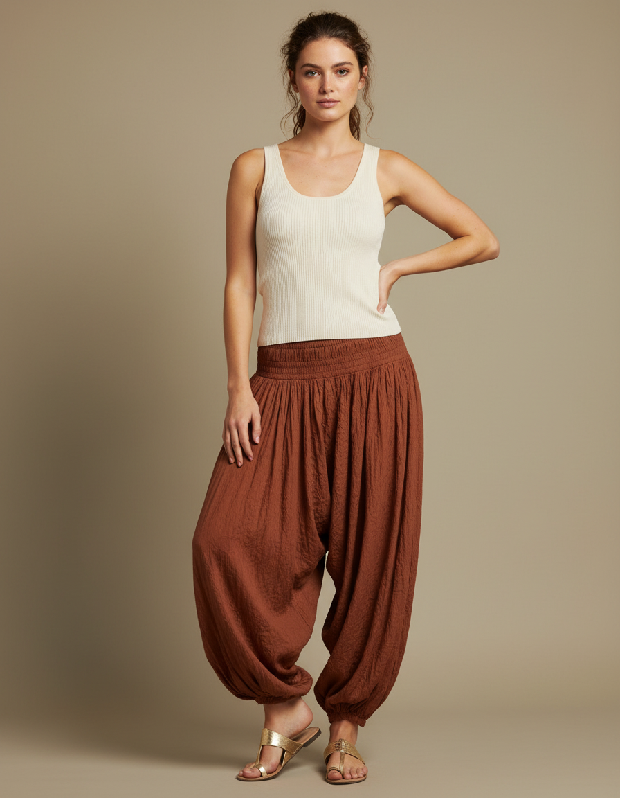 Pantalon Fluide Marron Ample Plissé Décontracté Femme - Lin