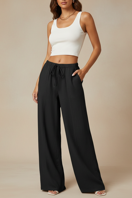 Pantalon Fluide Noir Ample Taille Haute Lin Décontracté