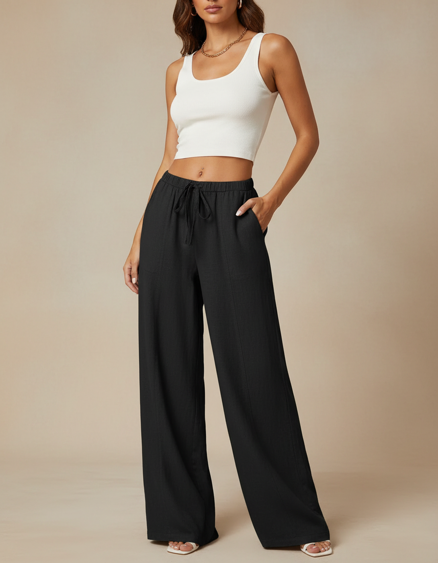 Pantalon Fluide Noir Ample Taille Haute Lin Décontracté