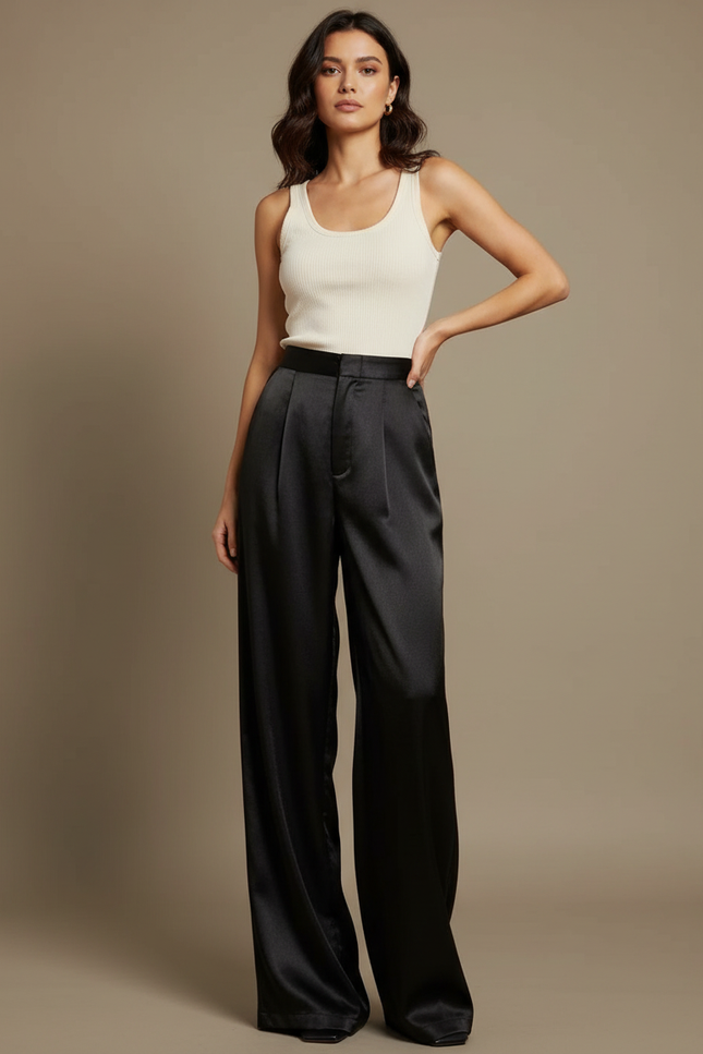 Pantalon Fluide Noir Satiné Taille Haute Élégant