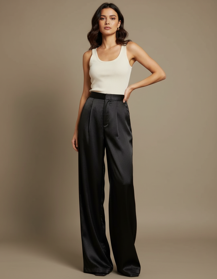 Pantalon Fluide Noir Satiné Taille Haute Élégant