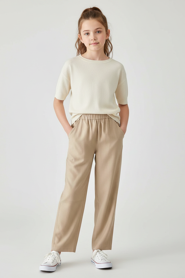 Pantalon Fluide Beige Élastique Décontracté Ample Enfant - Viscose