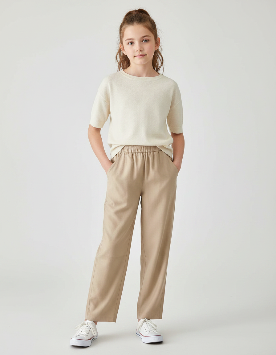 Pantalon Fluide Beige Élastique Décontracté Ample Enfant - Viscose