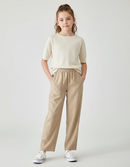 Pantalon Fluide Beige Élastique Décontracté Ample Enfant - Viscose
