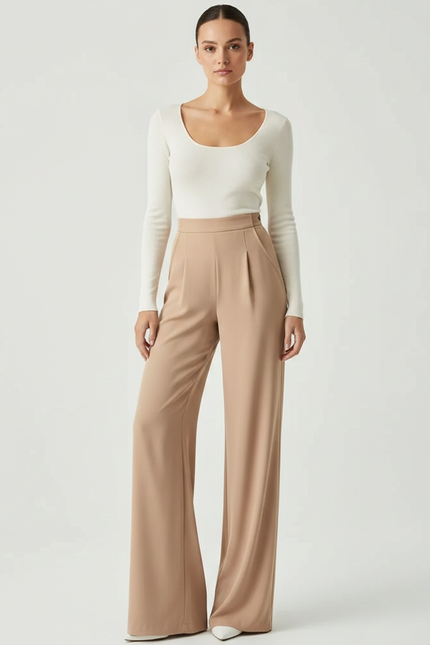 Pantalon Fluide Beige Taille Haute Ample Élégant Femme - Polyester