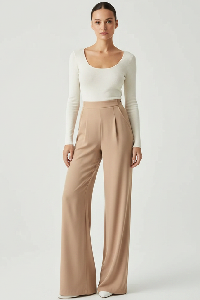 Pantalon Fluide Beige Taille Haute Ample Élégant Femme - Polyester