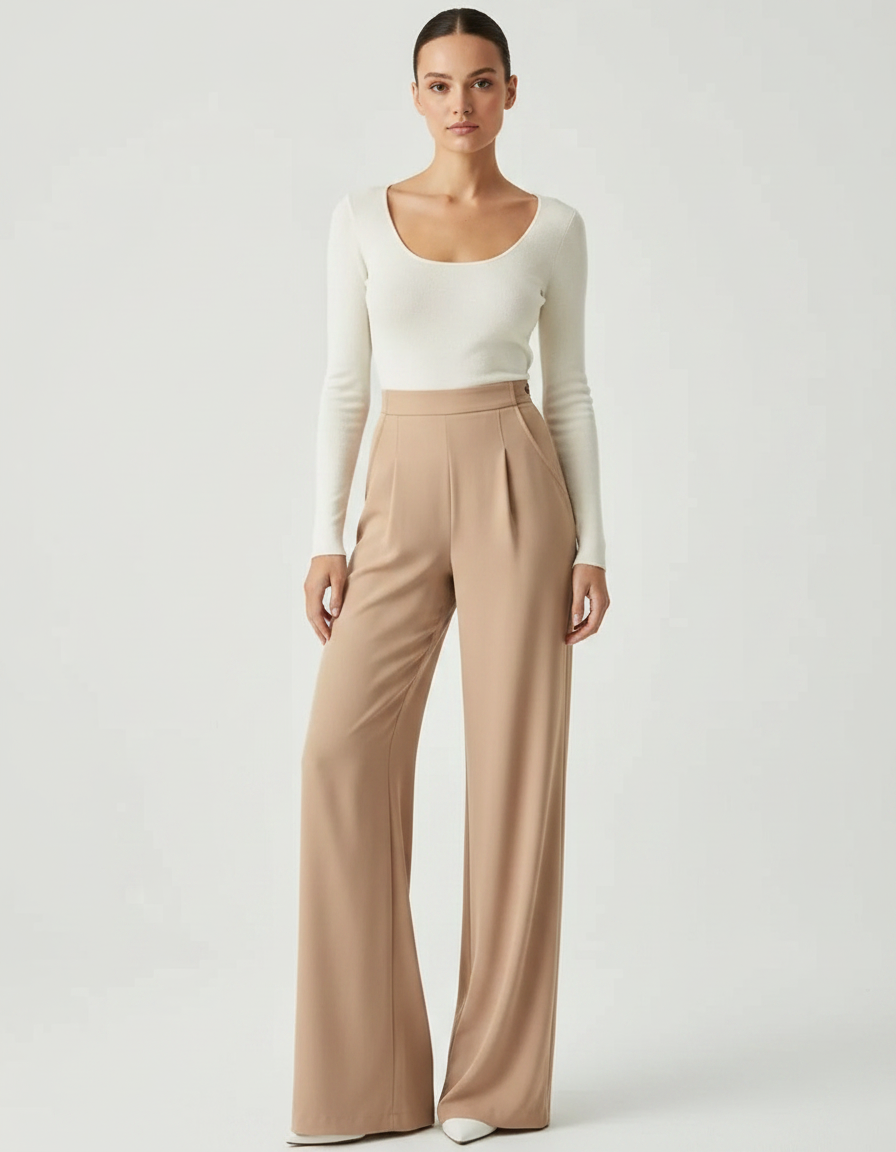 Pantalon Fluide Beige Taille Haute Ample Élégant Femme - Polyester