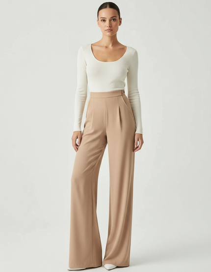 Pantalon Fluide Beige Taille Haute Ample Élégant Femme - Polyester