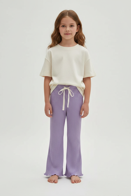 Pantalon Fluide Lilas Côtelé Élastique Évasé Volants Fille - Violet Maille