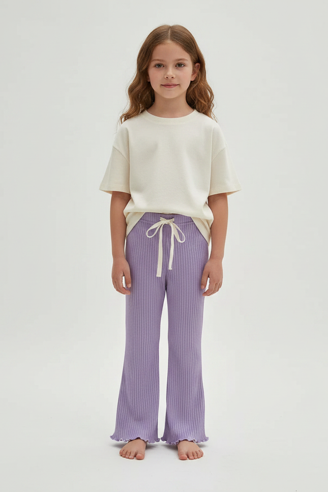 Pantalon Fluide Lilas Côtelé Élastique Évasé Volants Fille - Violet Maille