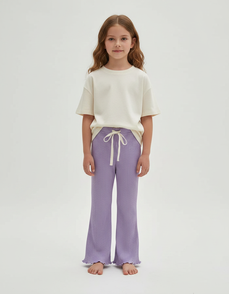Pantalon Fluide Lilas Côtelé Élastique Évasé Volants Fille - Violet Maille