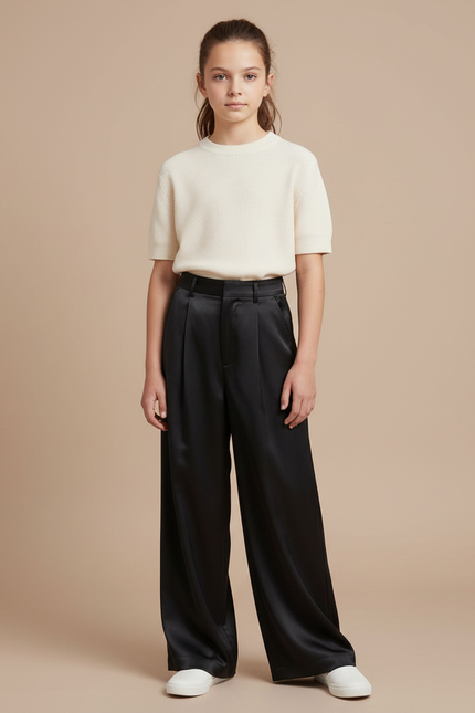 Pantalon Fluide Noir Satiné Large Décontracté Élégant