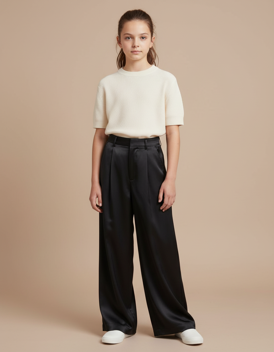 Pantalon Fluide Noir Satiné Large Décontracté Élégant