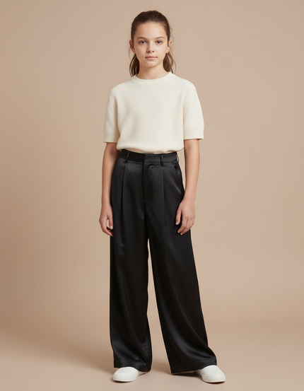 Pantalon Fluide Noir Satiné Large Décontracté Élégant