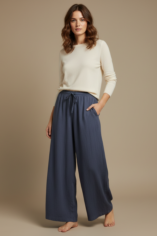 Pantalon Fluide Bleu Coton Ample Décontracté Cordon