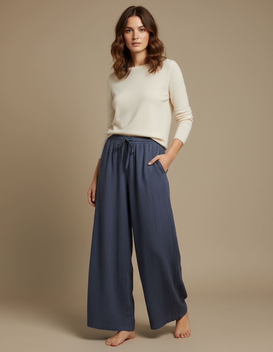 Pantalon Fluide Bleu Coton Ample Décontracté Cordon