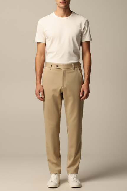 Pantalon Fluide Beige Homme Droit Extensible Élastique - Polyester
