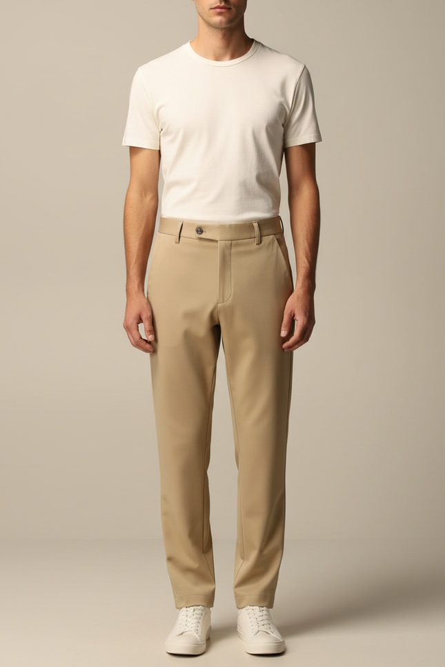 Pantalon Fluide Beige Homme Droit Extensible Élastique - Polyester