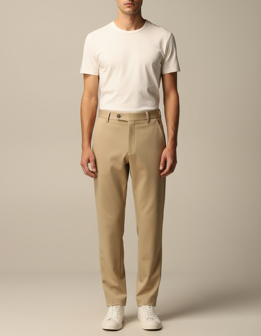 Pantalon Fluide Beige Homme Droit Extensible Élastique - Polyester