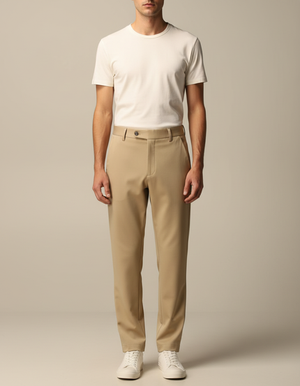 Pantalon Fluide Beige Homme Droit Extensible Élastique - Polyester