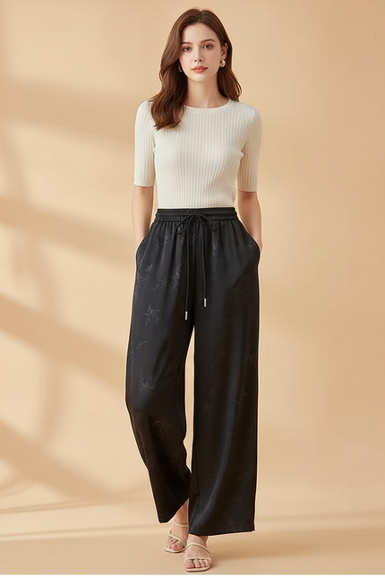 Pantalon Fluide Noir Ample Satiné Jacquard Femme