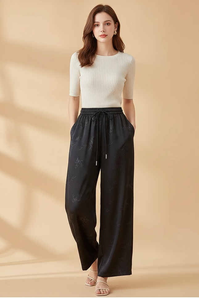 Pantalon Fluide Noir Ample Satiné Jacquard Femme