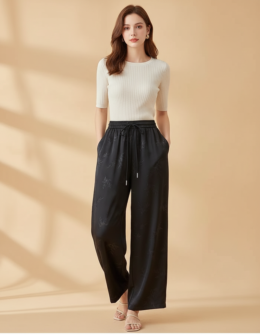 Pantalon Fluide Noir Ample Satiné Jacquard Femme