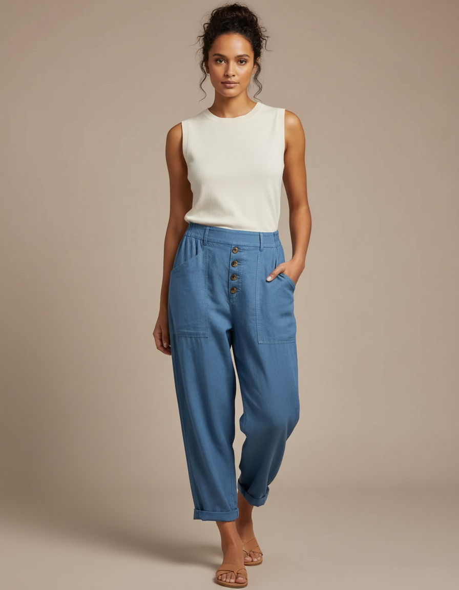 Pantalon Fluide Bleu Coton Lin Ample Boutonné Décontracté