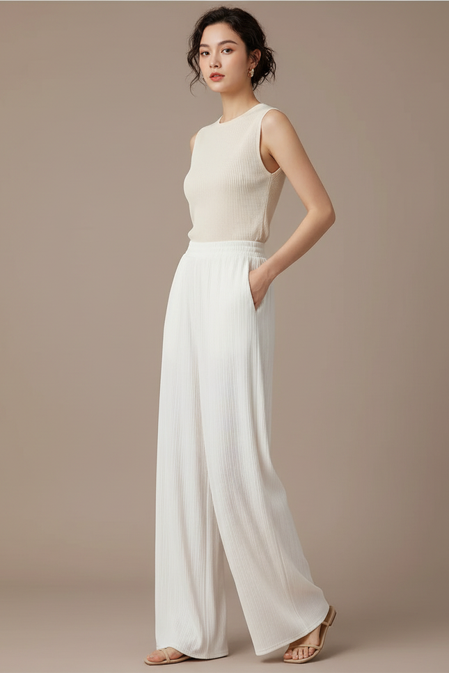 Pantalon Fluide Blanc Plissé Ample Taille Haute Décontracté - Polyester