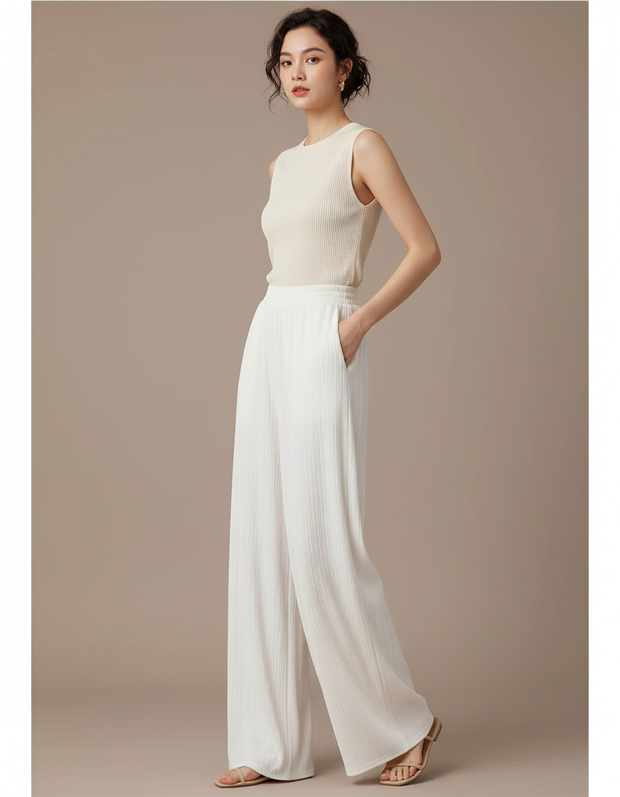 Pantalon Fluide Blanc Plissé Ample Taille Haute Décontracté - Polyester