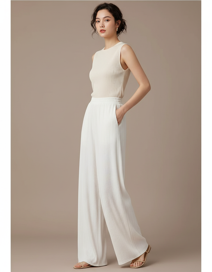 Pantalon Fluide Blanc Plissé Ample Taille Haute Décontracté - Polyester