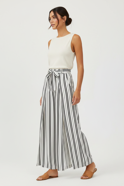 Pantalon Fluide Rayé Noir Blanc Ample Ceinturé Élégant - Multicolore Viscose