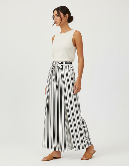 Pantalon Fluide Rayé Noir Blanc Ample Ceinturé Élégant - Multicolore Viscose