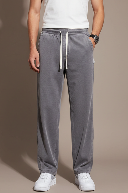 Pantalon Fluide Gris Cordon Ample Décontracté Côtelé - Cordé