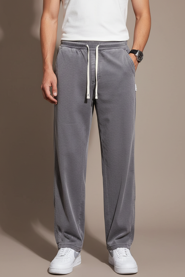 Pantalon Fluide Gris Cordon Ample Décontracté Côtelé - Cordé
