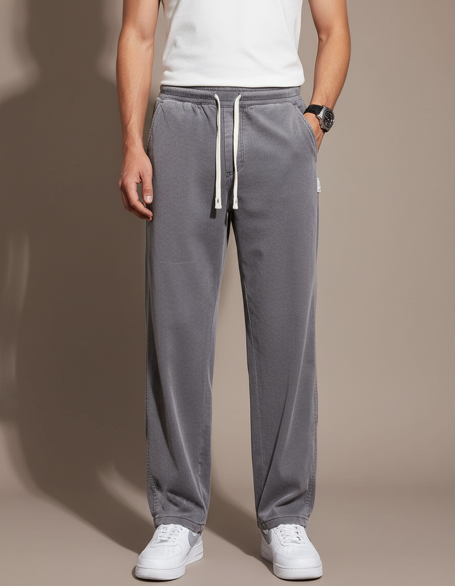 Pantalon Fluide Gris Cordon Ample Décontracté Côtelé - Cordé