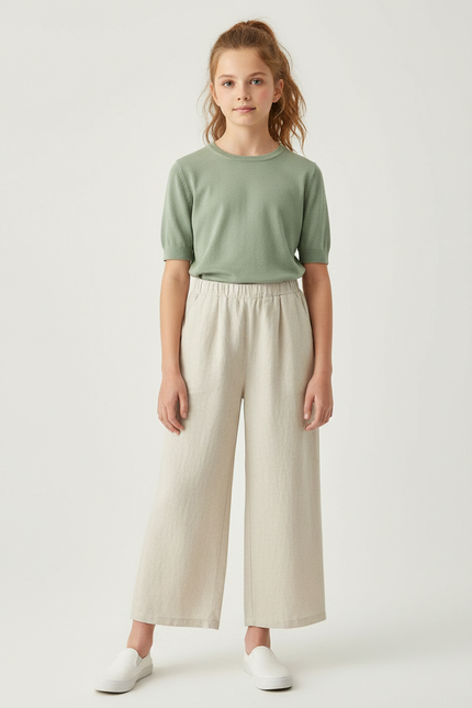Pantalon Fluide Beige Coton Ample Décontracté Fille - Lin
