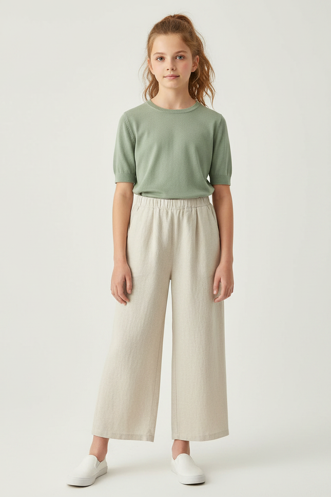 Pantalon Fluide Beige Coton Ample Décontracté Fille - Lin