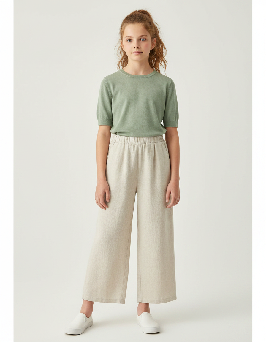 Pantalon Fluide Beige Coton Ample Décontracté Fille - Lin