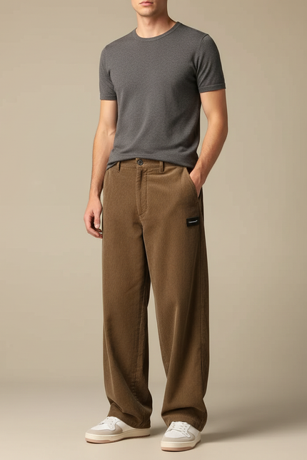 Pantalon Fluide Marron Côtelé Ample Décontracté Homme - Cordé