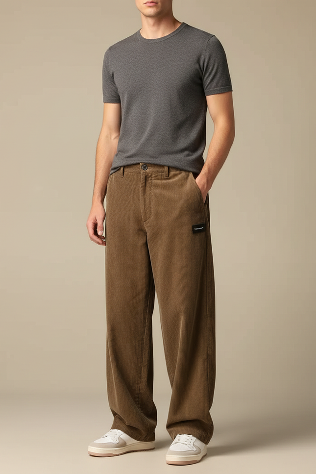 Pantalon Fluide Marron Côtelé Ample Décontracté Homme - Cordé