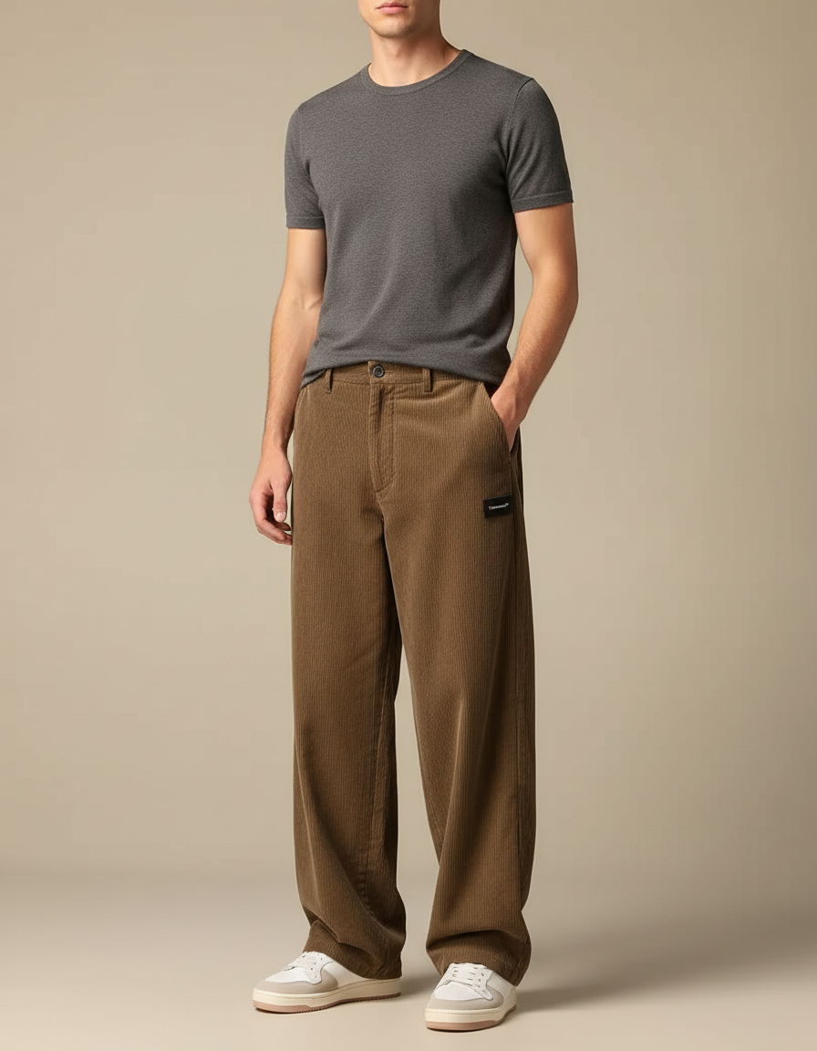 Pantalon Fluide Marron Côtelé Ample Décontracté Homme - Cordé