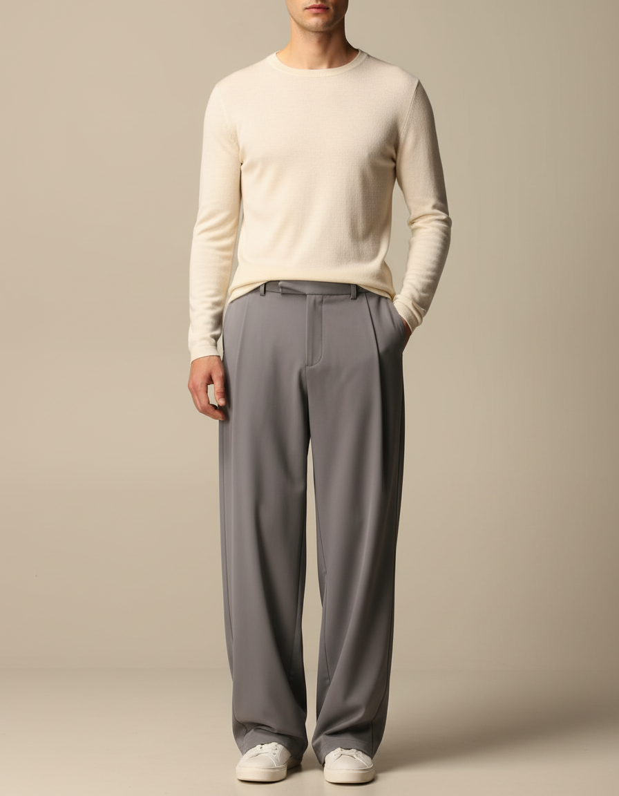 Pantalon Fluide Gris Ample Élégant Homme - Polyester