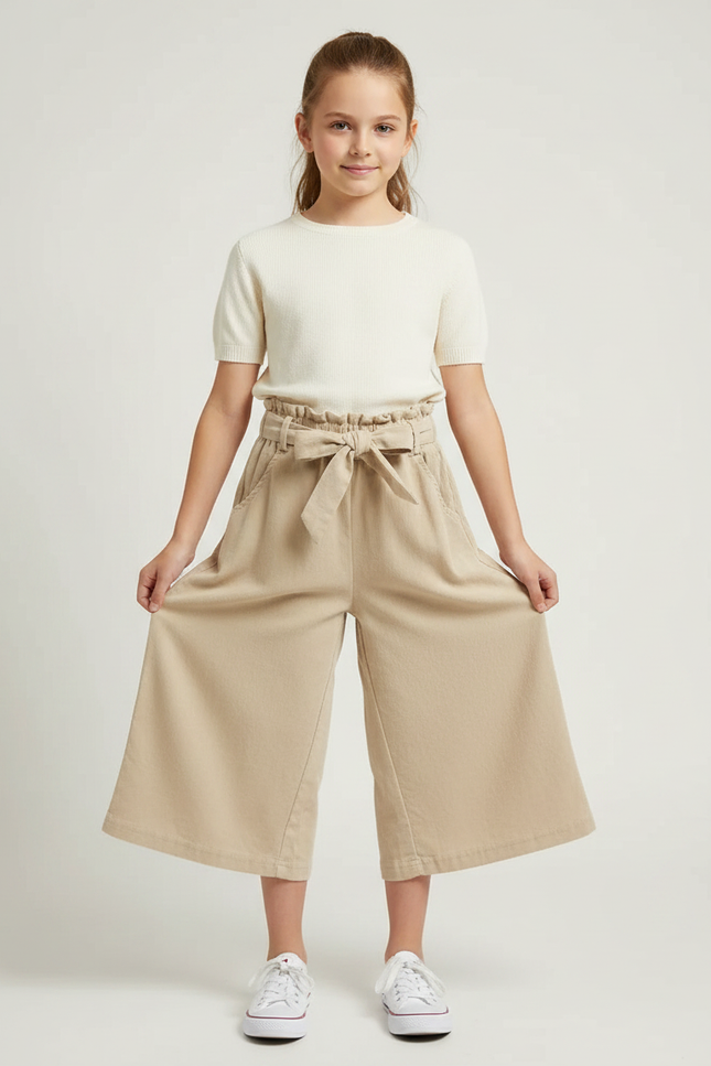 Pantalon Fluide Beige Coton Ample Ceinturé Fille - Toile