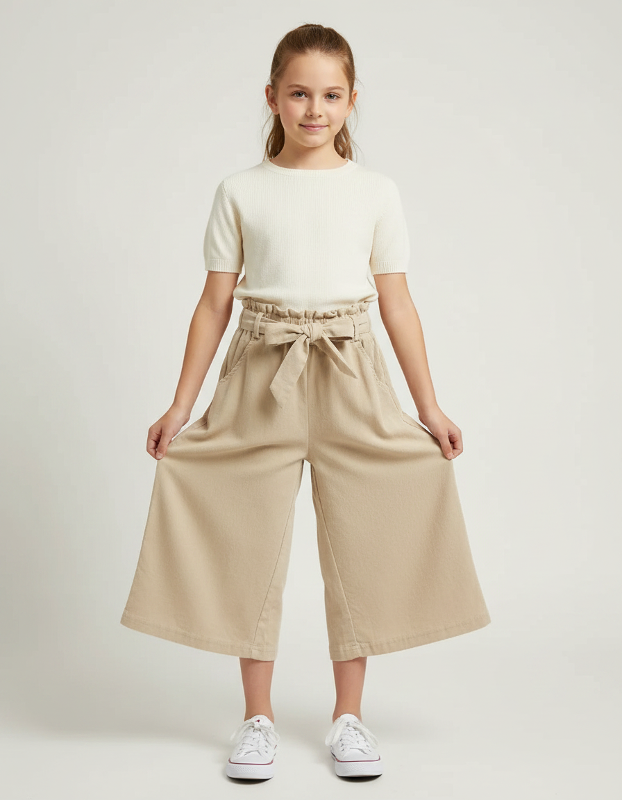 Pantalon Fluide Beige Coton Ample Ceinturé Fille - Toile