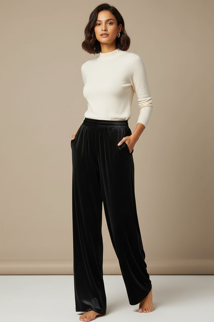 Pantalon Fluide Noir Velours Ample Élégant Femme